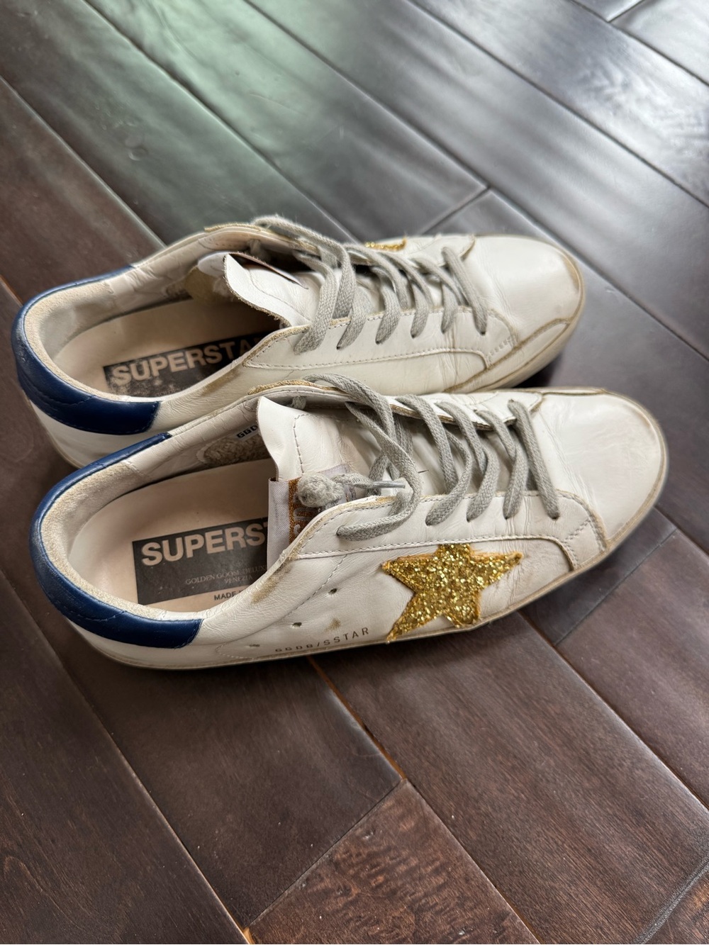 Golden Goose Super-Star Sneakers EU38 Gold Glitter Star Blue Heel